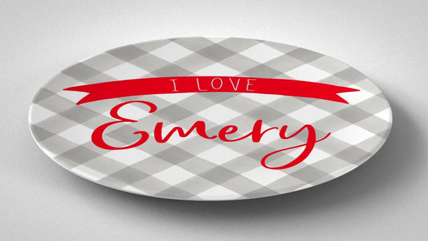 Valentine Grey Gingham | Plate | Valentines Day | Gift Idea | Personalized | Dishwasher Safe | Oven Safe | Microwave Safe | DecoWare™