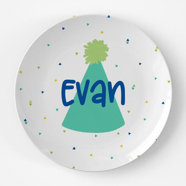 Birthday Hat Blue | Plate | Birthday | Gift Idea | Personalized | Dishwasher Safe | Oven Safe | Microwave Safe | DecoWare™